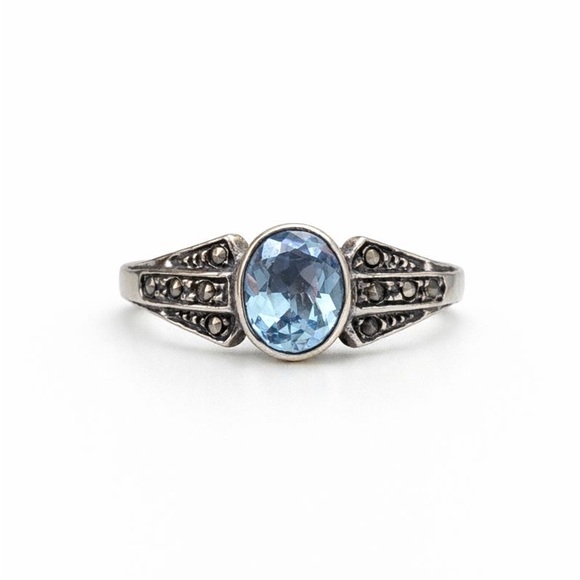 S925 Blue Topaz Marcasite Diamond Ring